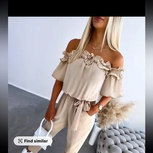 Off-Shoulder Ruffle Jumpsuit in Beige